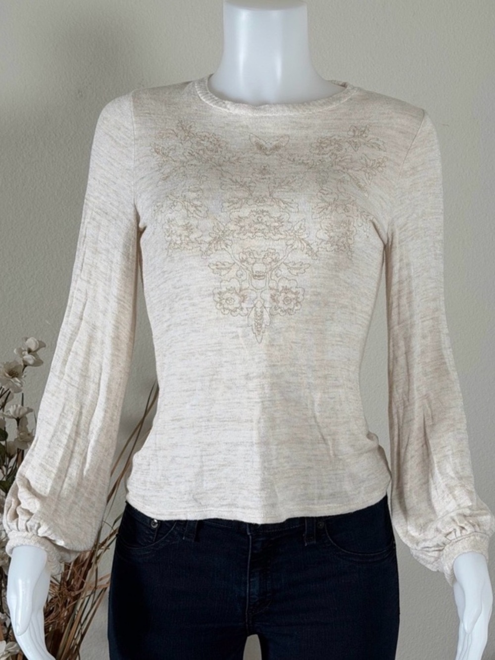 Boho Long Sleeve Top Light Sweater by Alya. Cream Floral Embroidered, Small